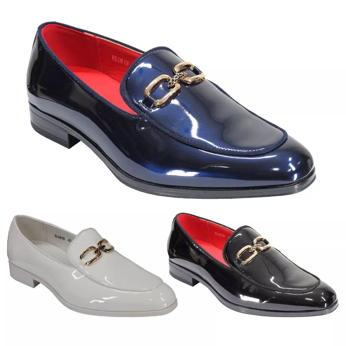 Men s Faux Patent Leather Shiny Gold Buckle Party Loafer Wedding Dress Shoes