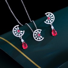 Women Boho Flower Drop Earring Necklace Silver Plated Cubic Zirconia Jewelry Set