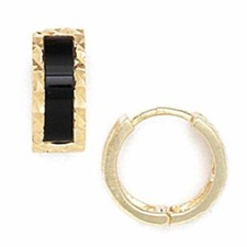 14K Solid Yellow Gold Women/Children Unique Onyx Huggie Earrings