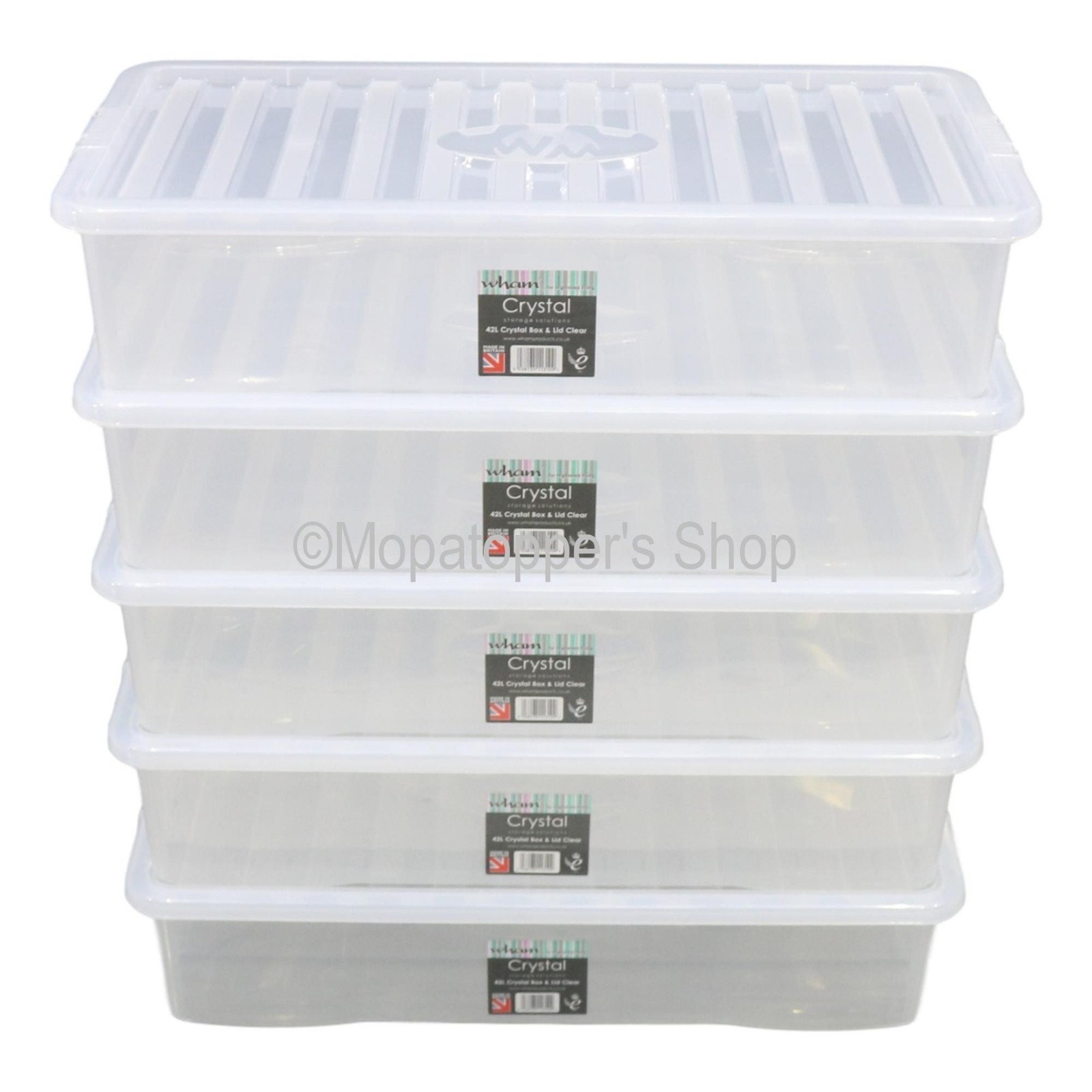 5 x Large British Made 42 Litre Clear Plastic Underbed Storage Boxes Box & Lids
