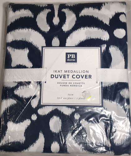 Pottery Barn Teen Dorm Ikat Medaillon Doppel-Bettbezug Neu in Verpackung marineblau und weiß Baumwolle