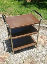 Vintage Mid Century Metal 3 Tier Cosco Wood Grain Metal Rolling Kitchen Cart