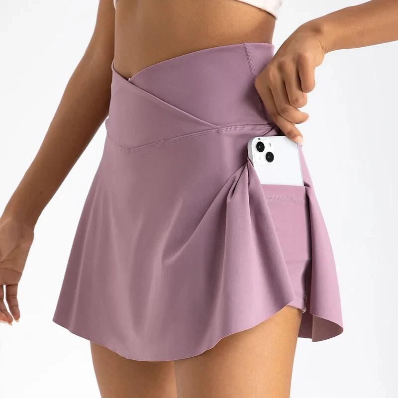 Pleated Tennis Skirt with Pockets Shorts Athletic Skirts Crossover High Waisted