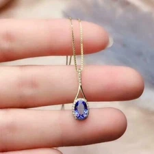 2Ct Oval Cut Blue Tanzanite Halo Pendant 14K Yellow Gold Finish 18" Free Chain