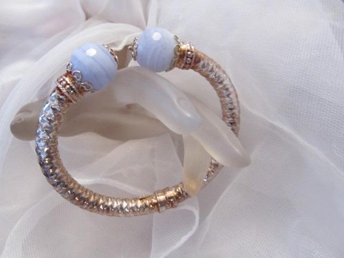 Blue Lace Agate Cuff Italy Sterling Silver Cuff Bracelet 35.4g. - Picture 2 of 10