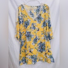 Umgee Yellow Blue Floral Print Flutter Sleeve V Neck Boho Mini Dress size small
