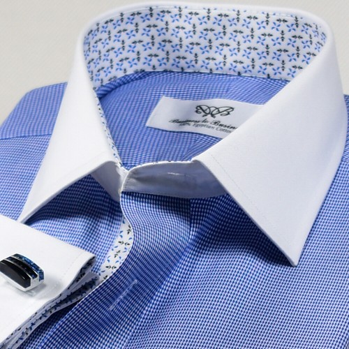 ELegant Blue Oxford Business Dress Shirt Blue Windmill Inner Lining French Cuff - Picture 9 of 9