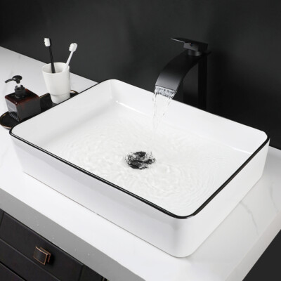 20''x14'' Bathroom Vessel Sinks White Rectangle Ceramic Basin Bowl + Black Faucet