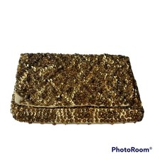 Vintage Handmade Hong Kong Gold Sequin Beaded Evening Formal Clutch Glamor