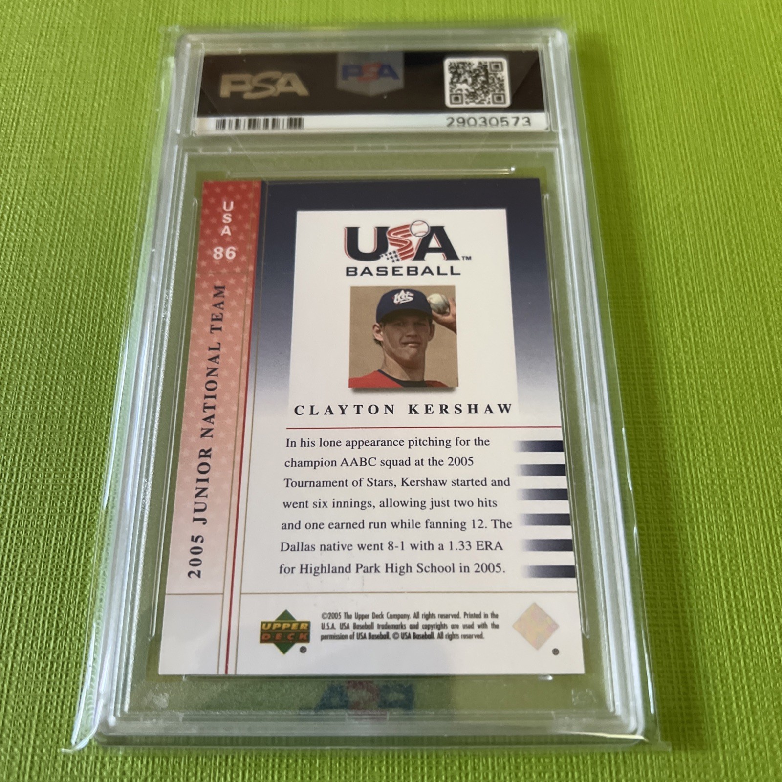 2005 Upper Deck USA - Junior National Team Clayton Kershaw #USA86 (RC) - PSA 9 view 2