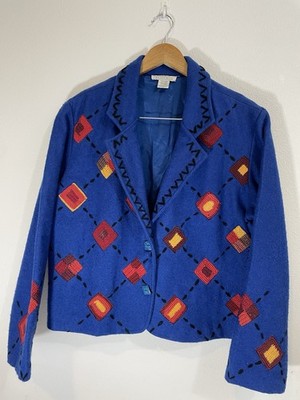Sandy Starkman Wool Women Blue Jacket sz M Patchwork Boho Artsy Embroidery