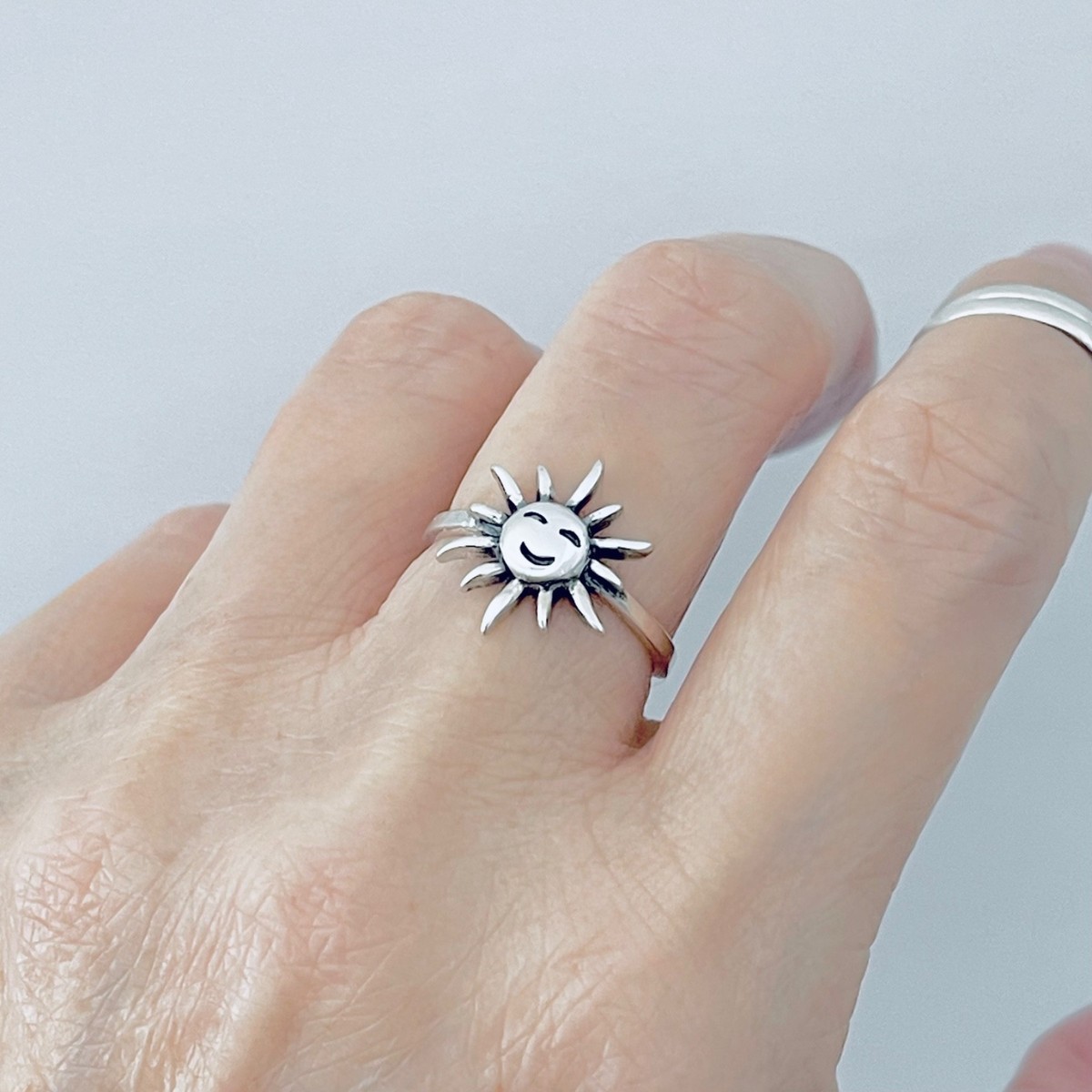 Sterling Silver Smiling Sun Ring, Silver Rings, Sunshine 