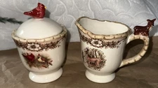 Cracker Barrel Woodland Stoneware  Deer  Creamer & Sugar Bowl Set