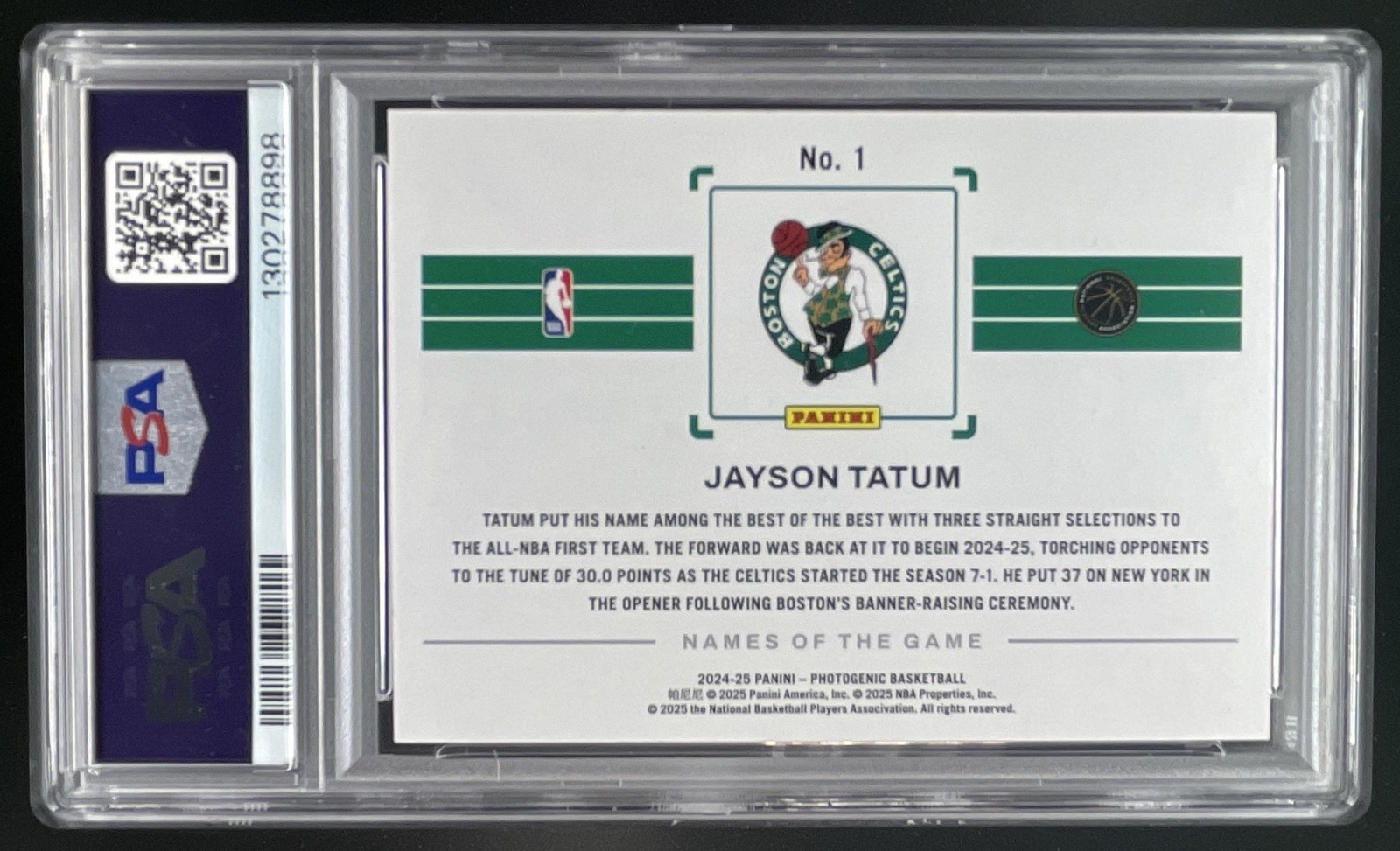 2024-25 Panini Photogenic Jayson Tatum Names of the Game #1 Celtics PSA 10 view 2