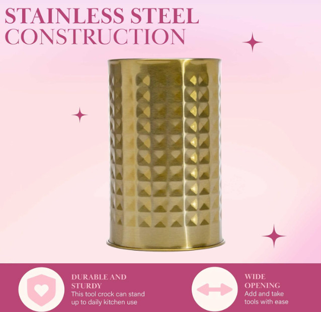 Kitchen Set Tool Crock with Silicone Cooking Utensils 7-Piece, Pink and Gold