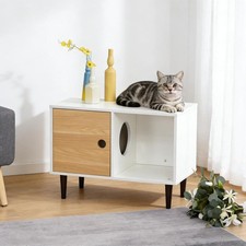 White Elevated Cat House w/ Cushion, Wooden Pet Condo, Indoor Cat Bed