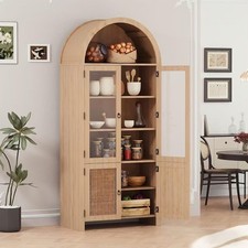 71" Arched Cabinet Kitchen Pantry Storage Wood Rattan Door Drawer 6-Shelf Boho