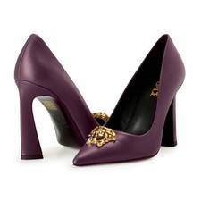 Versace Women's Gold Medusa Deep Purple Leather Pump Shoes US 7 IT 37