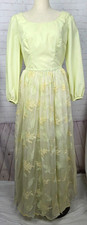 Vintage Maxi Dress Yellow Embroidery Sheer Overskirt Elegant Formal Wedding L