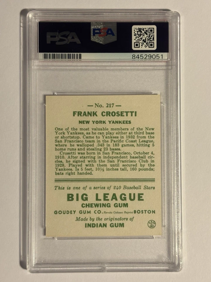 Frank Crosetti Autograph 1933 Goudey *Reprint PSA DNA Certified *Slab Tiny Crack - Image 2 of 4