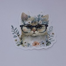 Cute Cat W/ Glasses Animal Sticker Vinyl Decal Journal Wall Decor Floral Art Tc6