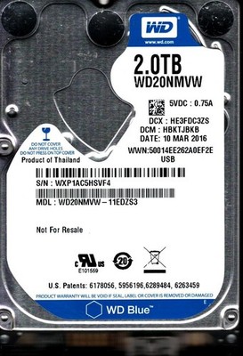 WD20NMVW-11EDZS3 S/N: WXP1A DCM: HBKTJBKB WESTERN DIGITAL 2TB THAILAND MAR 2016