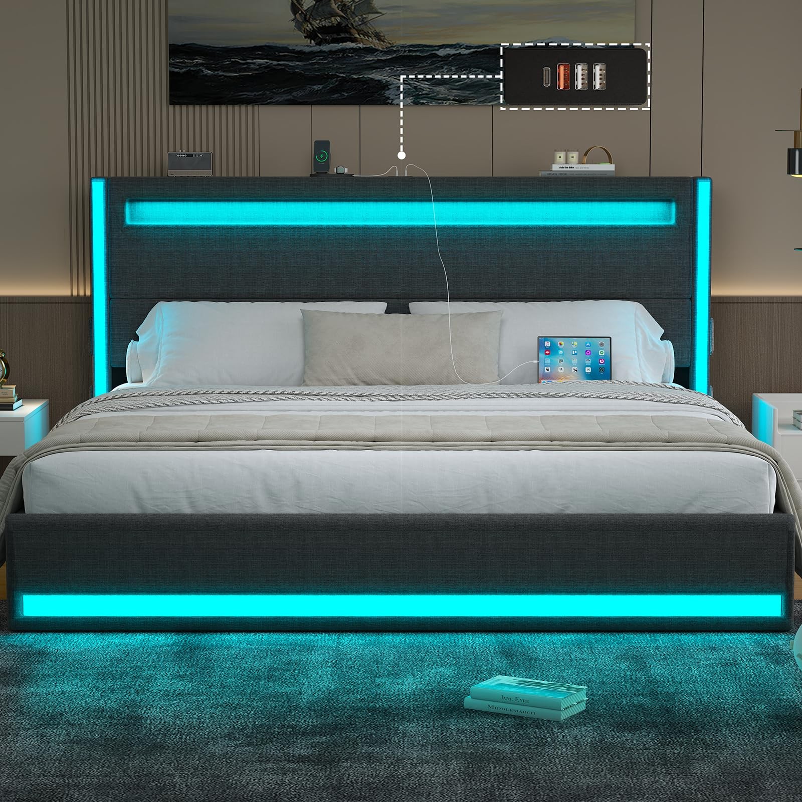 And Headboard Light Up Platform Bed Frame Dark Grey