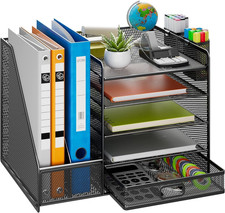 Mesh Desk Organiser with Vertical File Holder 5-Tier Paper Letter Tray with Draw