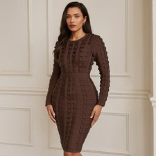 NWT House of CB Lola Woven Pattern Bandage Bodycon Dress Charcoal Brown Small