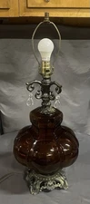 Vintage Accurate Casting Amber Glass Hollywood Regency Style Table Lamp