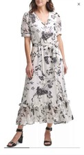 CALVIN KLEIN Off White Cream & Black Floral Chiffon Maxi Lined Flowy Dress SZ 14