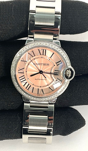 Cartier Ballon Bleu PINK 4372 Stainless Steel Diamond Bezel Automatic Watch 36mm