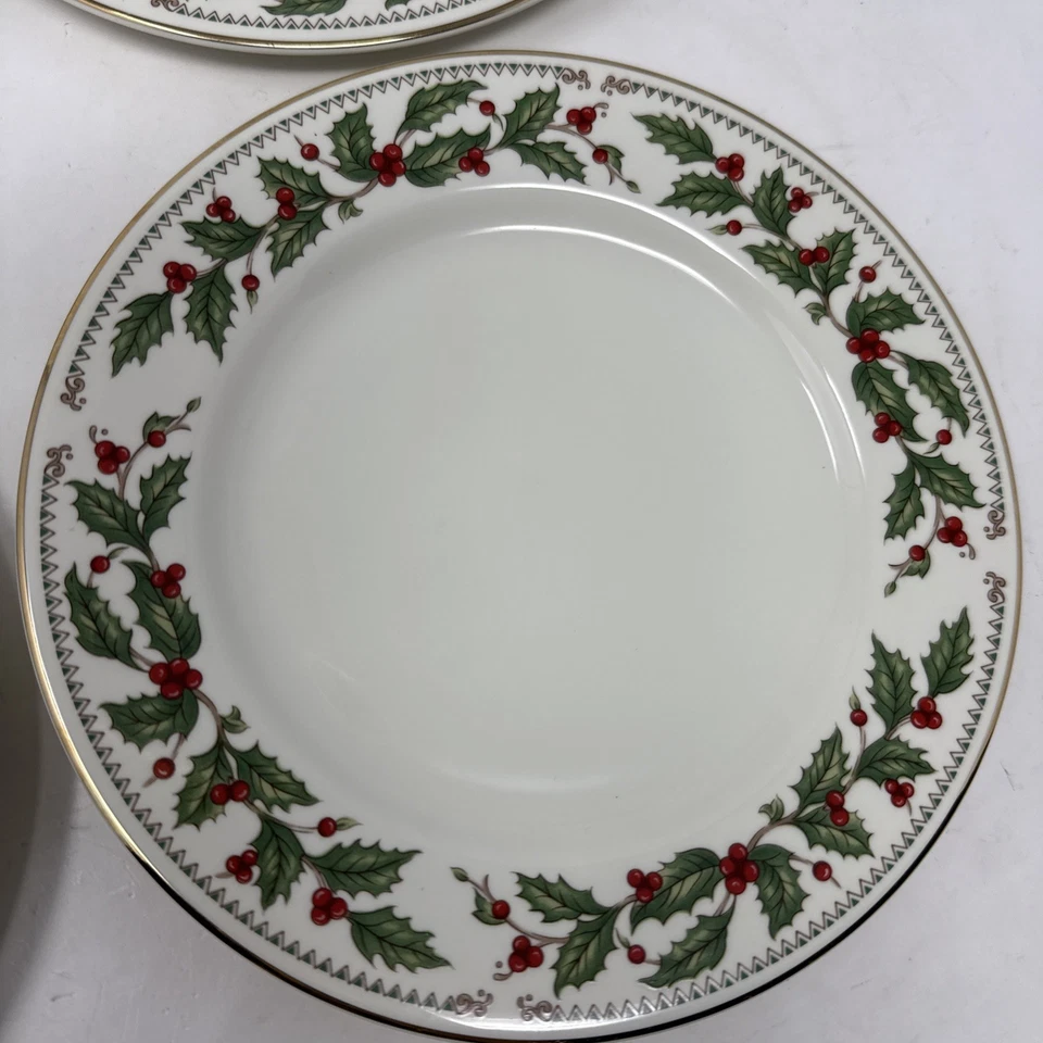 The Cellar Ivory Holly Set Of 4 Gold Rim Christmas Holiday Salad Plates 7 1/2" - Image 3 of 4