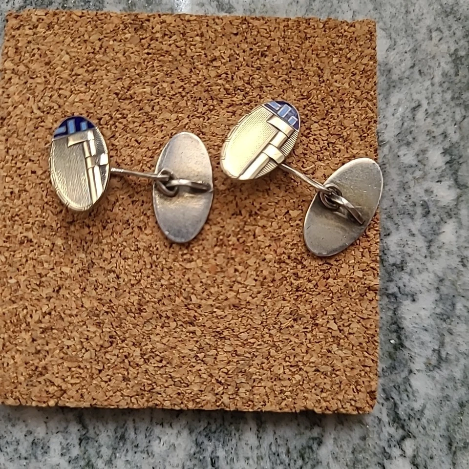 Coppia di Gemelli da Polso Vintage Art Déco – Anni ‘20/‘30 – Argento e Smalto - Immagine 3 di 3