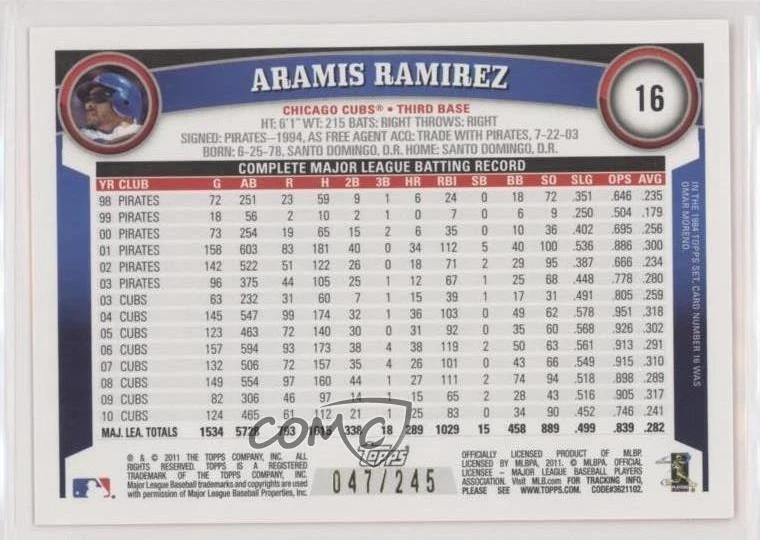 2011 Topps Factory Set Red /245 Aramis Ramirez #16 - Image 2 of 2