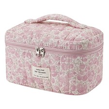 Large Quilted Makeup Bag for Women and Girls, Cute Coquette Floral Cotton Cos...