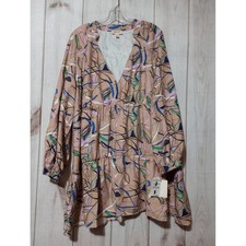 Open Edit Tan Doodle Print Tiered Mini Dress V-Neck Long Sleeve Plus Size 2X NWT