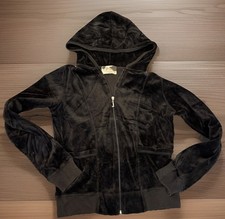 90s Juicy Couture Black Velour Hooded Track Zip-Up Jacket MED Glamorous USA