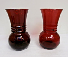 Royal Ruby Glass Vases Bulb with Flared Opening Ribbed Center Design Set of 2