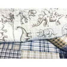 Cute Dinosaur Plaid Navy Blue White Grey Bedding Quilt Set 100 Cotton
