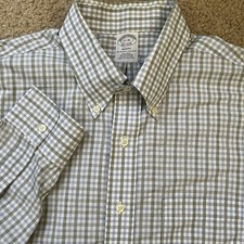 Brooks Brothers Dress Shirt Mens 17-36 White Green w/Blue Checks Regent No Iron