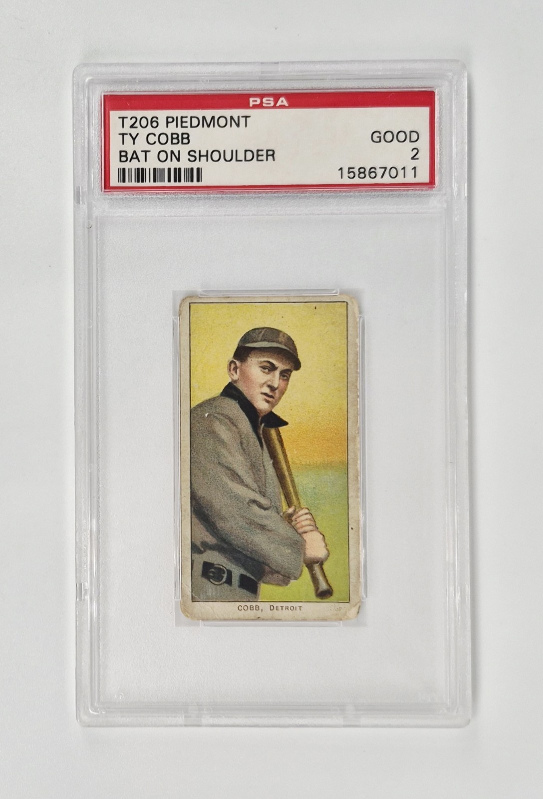 PSA GRADED 2 GOOD VINTAGE ORIGINAL 1909 T206 PIEDMONT Ty Cobb BAT ON SHOULDER 