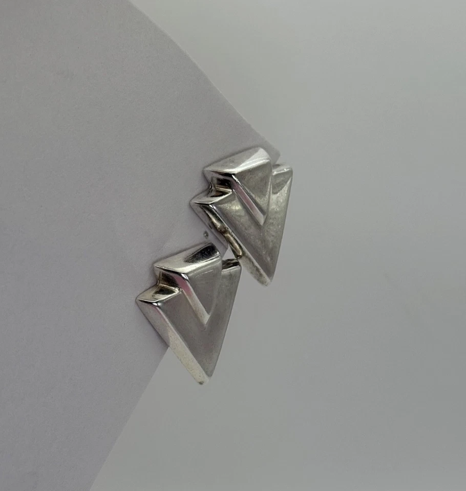 Zina Sterling Silver 925 Modernist Chevron Earrings 2", Pierced Omega Backs - Image 4 of 4