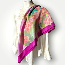 Vintage Hand Painted Silk Square Scarf Gilberte Birds, Hydrangeas, Foliage 70s