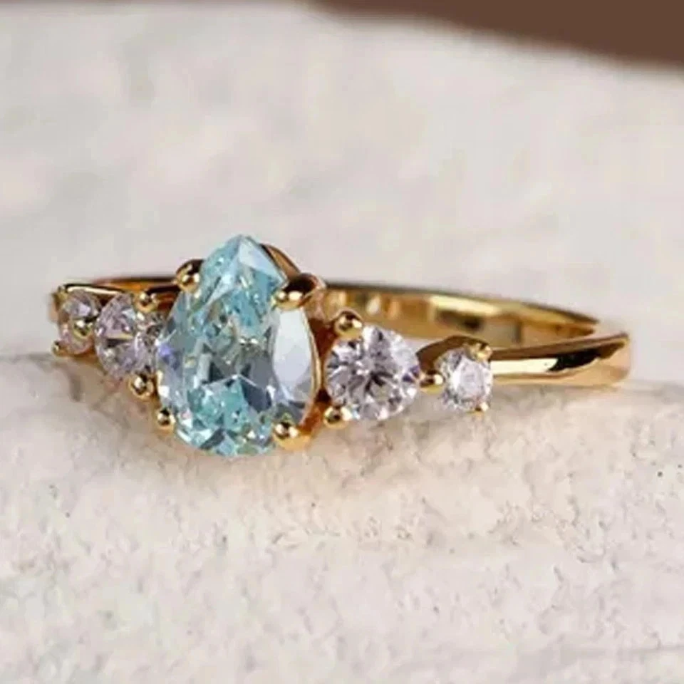 3.25 Ct Pear Cut Aquamarine & Diamond Engagement Ring 14K Solid Yellow Gold - Image 3 of 4