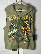 Ed Hardy Men's Full Zip The Corps Snake Black Rose Dagger Hooded Vest Size M NWT