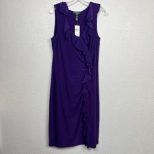 NWT Lauren Ralph Lauren Dark Lilac Purple Sleeveless Ruffle Dress Size 14