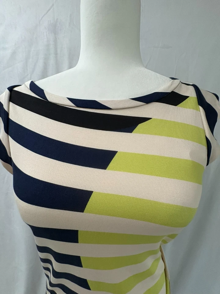 Diane Von Furstenberg Knee Dress Women's Size 8 Silk Beige w Blue Green Stripes - Image 2 of 4