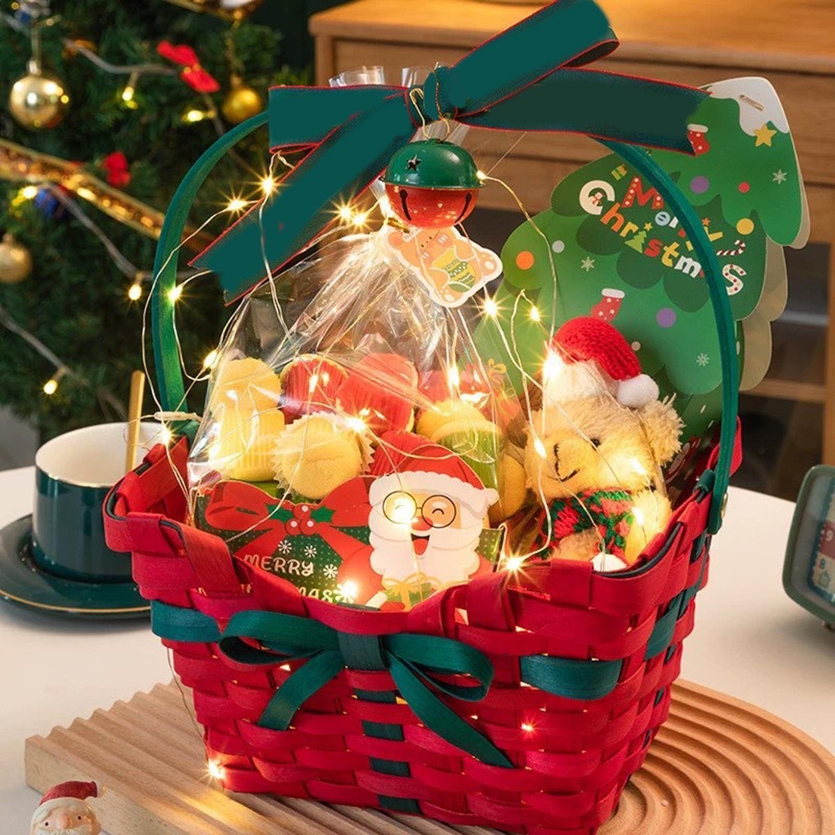 Christmas Gift Basket Xmas Tote Basket Red Green with Clear Bag