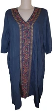 GO SOFTLY Sz L Womens Blue Kaftan Chambray Embroidered Floral Pcks Muumuu Dress